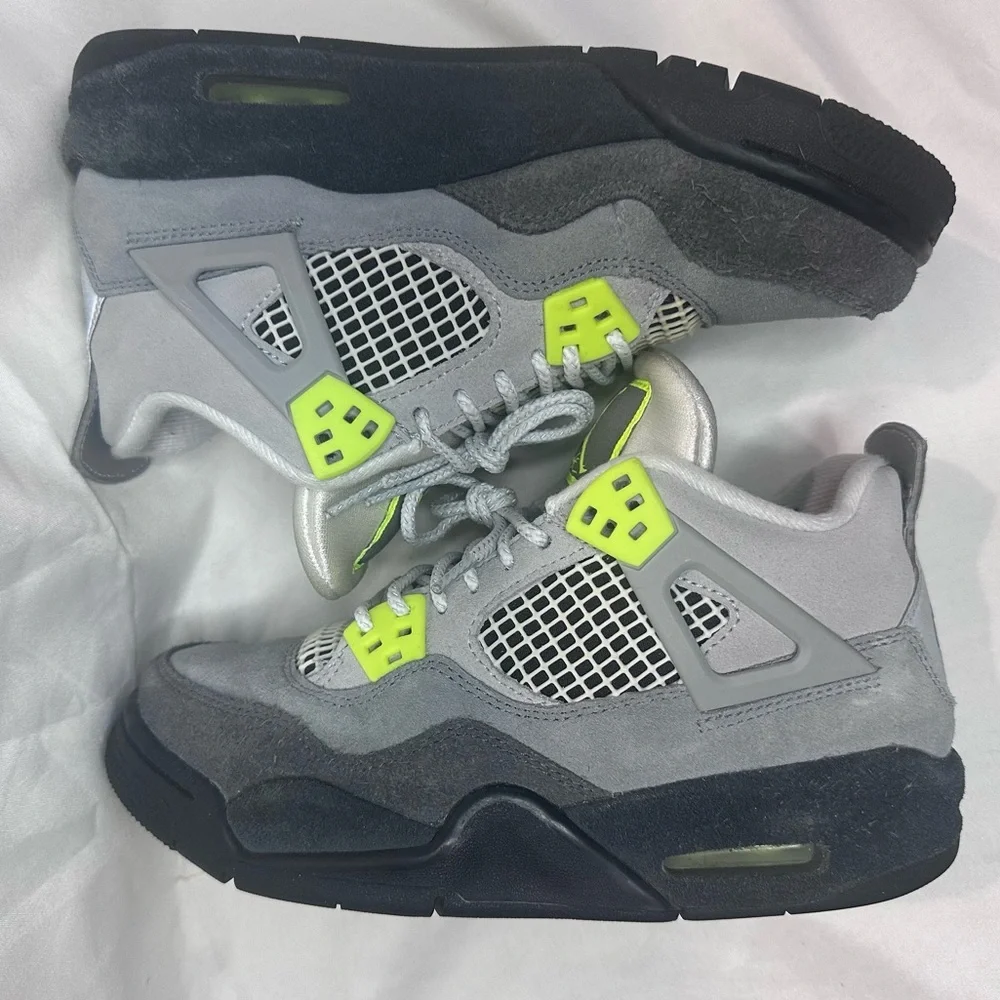 Suede Jordan 4’s Big Kid’s Sz. 4.5y charcoal grey and volt colorway